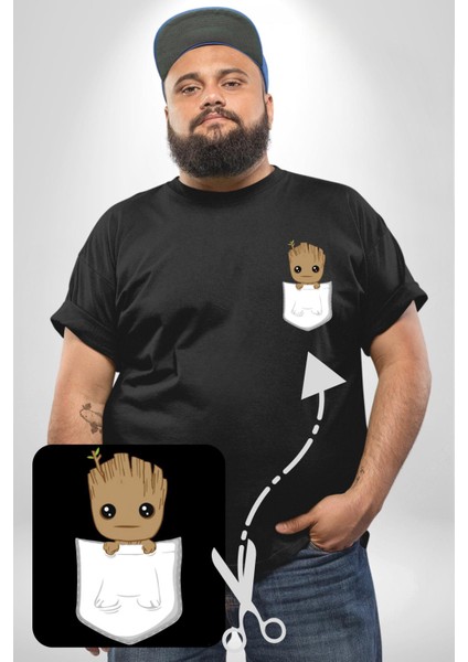 Minik Groot Siyah Büyük Beden Kadın Basic Minimal Baskılı Tişört