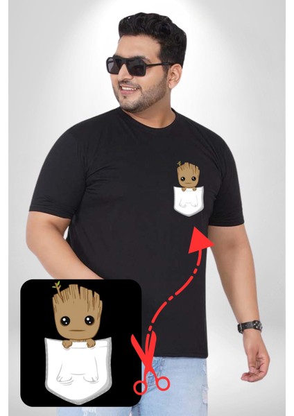 Minik Groot Siyah Büyük Beden Kadın Basic Minimal Baskılı Tişört