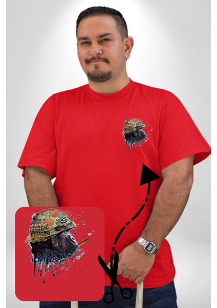 Kasket Miğfer Goril Savaşcı Kırmızı Büyük Beden Kadın Basic Minimal Baskılı Tişört