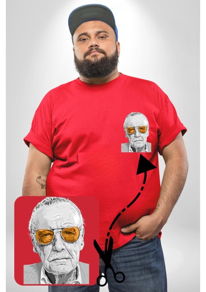 Stan Lee Kırmızı Büyük Beden Kadın Basic Minimal Baskılı Tişört