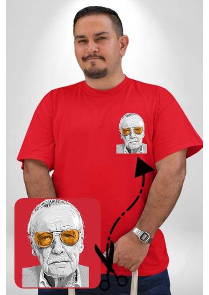 Stan Lee Kırmızı Büyük Beden Kadın Basic Minimal Baskılı Tişört