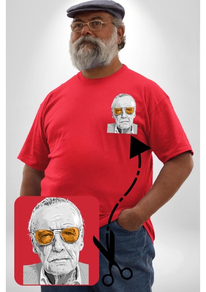 Stan Lee Kırmızı Büyük Beden Kadın Basic Minimal Baskılı Tişört