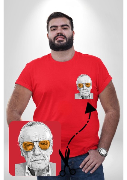 Stan Lee Kırmızı Büyük Beden Kadın Basic Minimal Baskılı Tişört