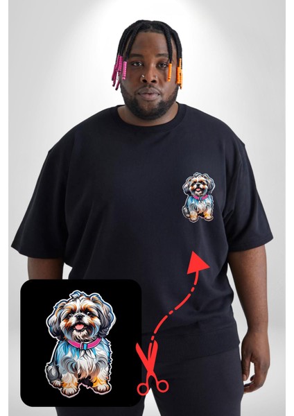 Shih Tzu Renkli Köpek Siyah Büyük Beden Kadın Basic Minimal Baskılı Tişört