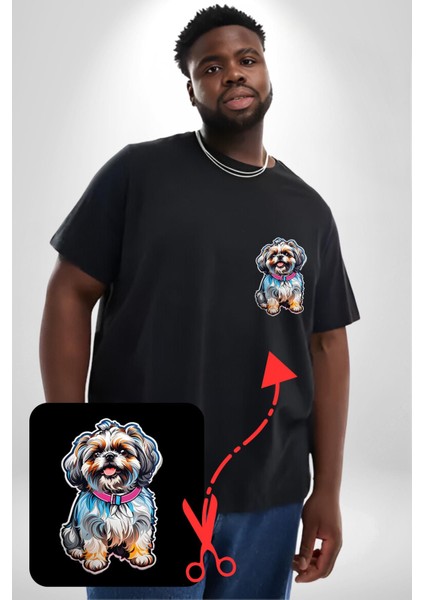 Shih Tzu Renkli Köpek Siyah Büyük Beden Kadın Basic Minimal Baskılı Tişört fiyatları