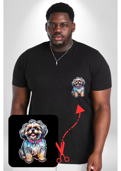 Shih Tzu Renkli Köpek Siyah Büyük Beden Kadın Basic Minimal Baskılı Tişört modelleri