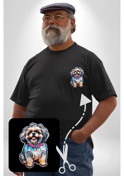 Shih Tzu Renkli Köpek Siyah Büyük Beden Kadın Basic Minimal Baskılı Tişört fırsatları