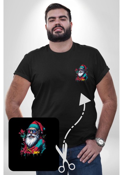 Renkli Noel Baba Yeni Nesil Gözlüklü Siyah Büyük Beden Kadın Basic Minimal Baskılı Tişört