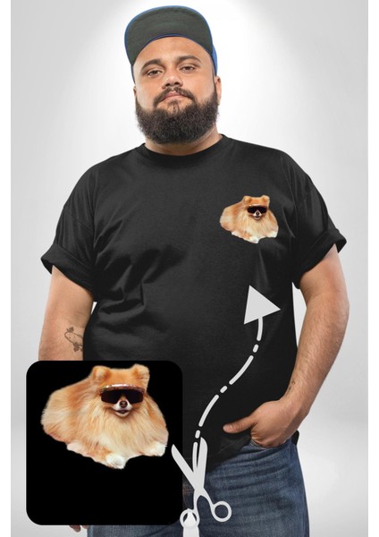 Pomernian Köpek Siyah Büyük Beden Kadın Basic Minimal Baskılı Tişört