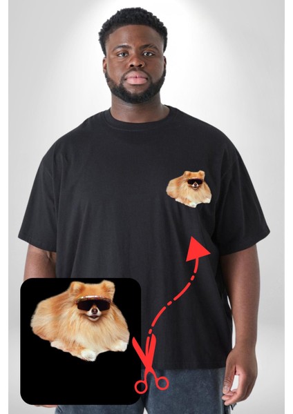 Pomernian Köpek Siyah Büyük Beden Kadın Basic Minimal Baskılı Tişört modelleri