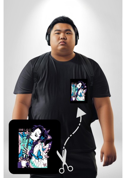 Shinobu Kocho Demon Slayer Siyah Büyük Beden Kadın Basic Minimal Baskılı Tişört