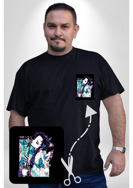 Shinobu Kocho Demon Slayer Siyah Büyük Beden Kadın Basic Minimal Baskılı Tişört modelleri