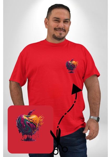 Yağlı Boya Elma Kırmızı Büyük Beden Kadın Basic Minimal Baskılı Tişört