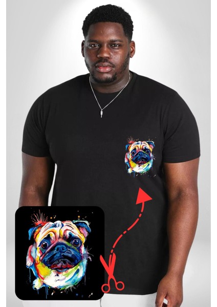 Sulu Boya Pug Köpek Siyah Büyük Beden Kadın Basic Minimal Baskılı Tişört fırsatları