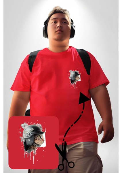 Kaket Polis Kedi Kırmızı Büyük Beden Kadın Basic Minimal Baskılı Tişört