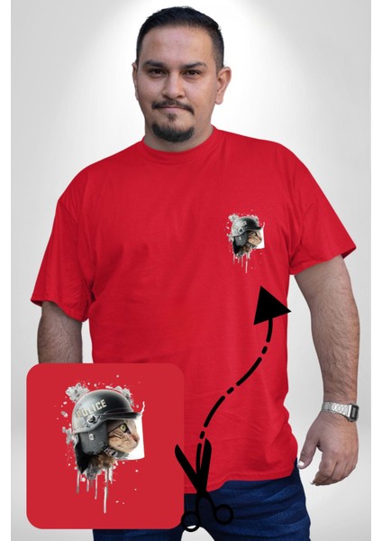 Kaket Polis Kedi Kırmızı Büyük Beden Kadın Basic Minimal Baskılı Tişört fiyatları