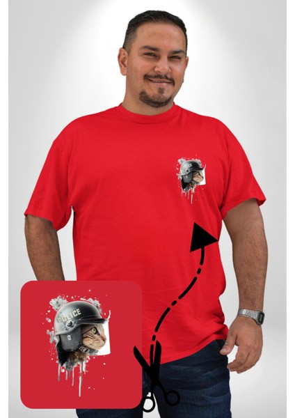 Kaket Polis Kedi Kırmızı Büyük Beden Kadın Basic Minimal Baskılı Tişört modelleri