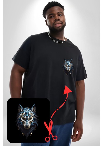 Mavi Kurt Robot Siyah Büyük Beden Kadın Basic Minimal Baskılı Tişört