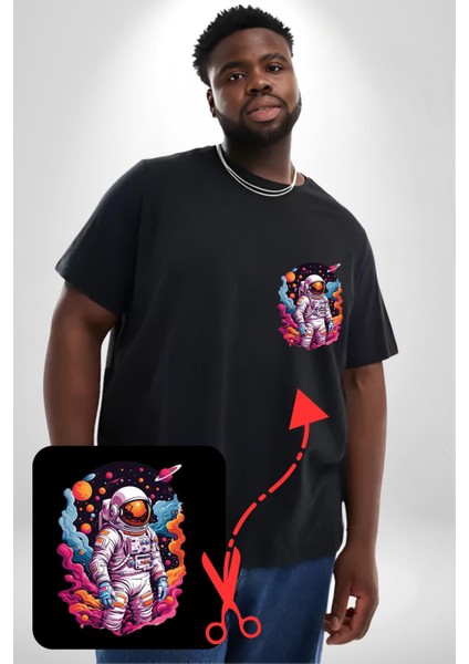 Ay Mars Astronot Siyah Büyük Beden Kadın Basic Minimal Baskılı Tişört