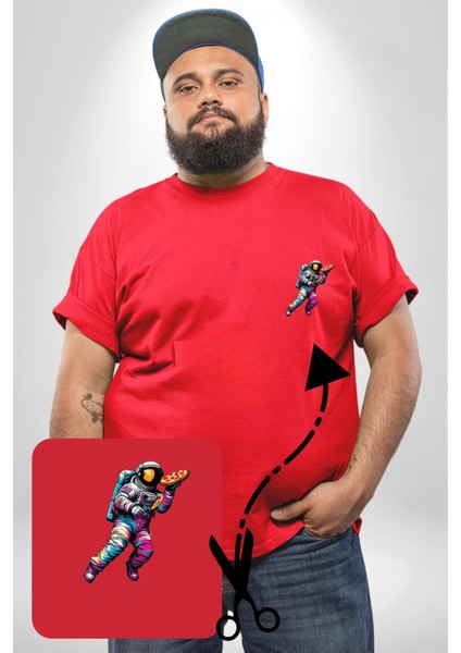 Pizza Servisi Uzay Kurye Kırmızı Büyük Beden Kadın Basic Minimal Baskılı Tişört