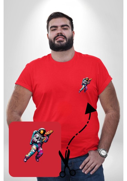 Pizza Servisi Uzay Kurye Kırmızı Büyük Beden Kadın Basic Minimal Baskılı Tişört fırsatları