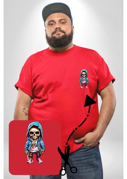 Hiphop Kurukafa Hoodie Kırmızı Büyük Beden Kadın Basic Minimal Baskılı Tişört