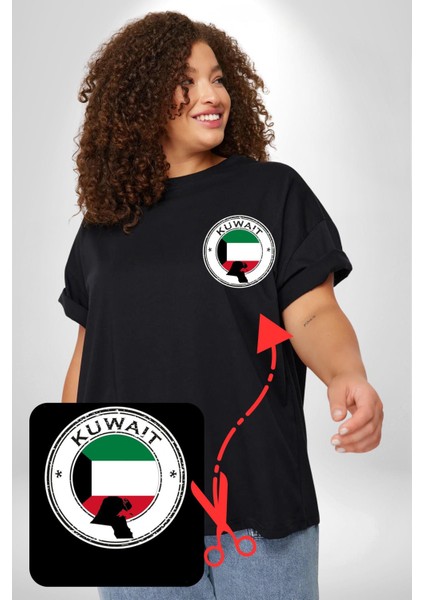 Kuveyt Bayrağı Siyah Büyük Beden Kadın Basic Minimal Baskılı Tişört
