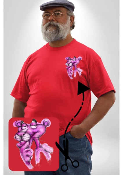Pembe Panter Kırmızı Büyük Beden Kadın Basic Minimal Baskılı Tişört