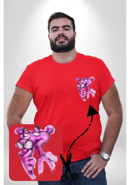 Pembe Panter Kırmızı Büyük Beden Kadın Basic Minimal Baskılı Tişört