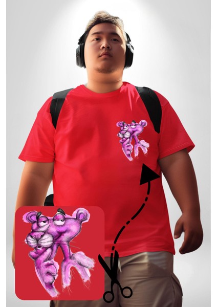 Pembe Panter Kırmızı Büyük Beden Kadın Basic Minimal Baskılı Tişört