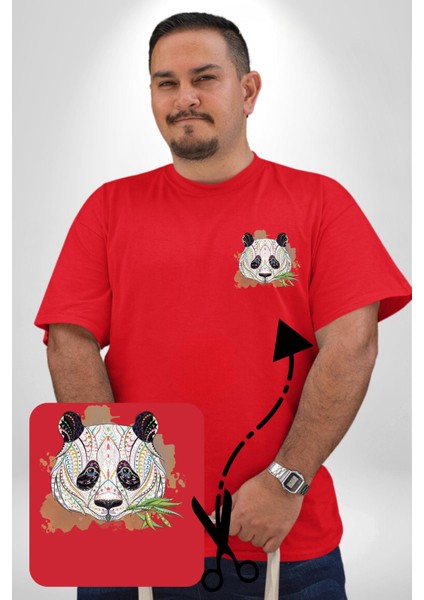 Panda Mandala Kırmızı Büyük Beden Kadın Basic Minimal Baskılı Tişört