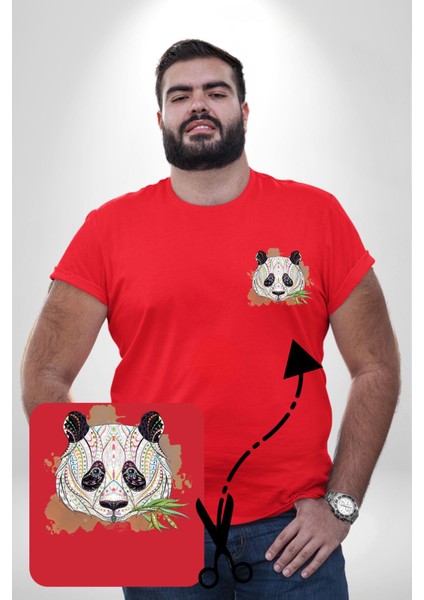 Panda Mandala Kırmızı Büyük Beden Kadın Basic Minimal Baskılı Tişört modelleri