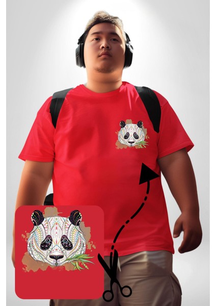 Panda Mandala Kırmızı Büyük Beden Kadın Basic Minimal Baskılı Tişört fırsatları