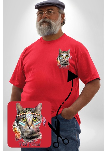Red Cloud Kedi Hintli Kırmızı Büyük Beden Kadın Basic Minimal Baskılı Tişört