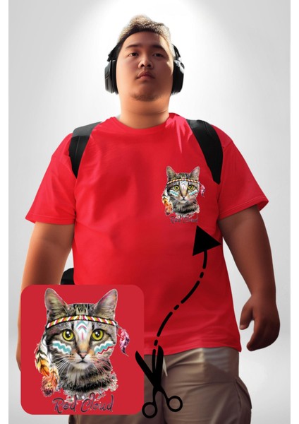 Red Cloud Kedi Hintli Kırmızı Büyük Beden Kadın Basic Minimal Baskılı Tişört modelleri