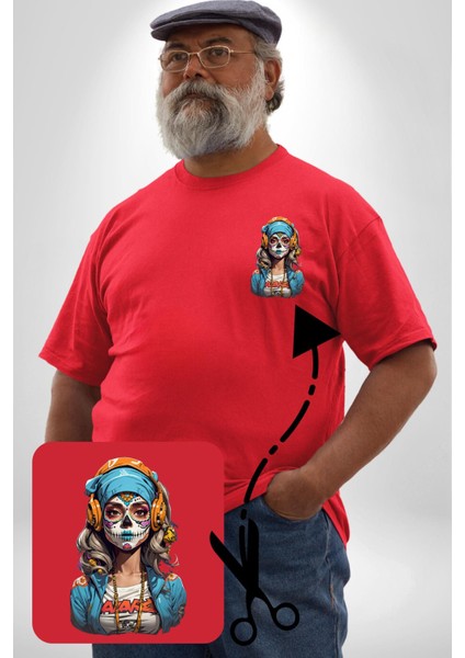 Hippie Cesur Stil Dövmeli Kız Kırmızı Büyük Beden Kadın Basic Minimal Baskılı Tişört