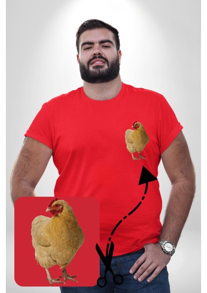 Tavuk Kırmızı Büyük Beden Kadın Basic Minimal Baskılı Tişört