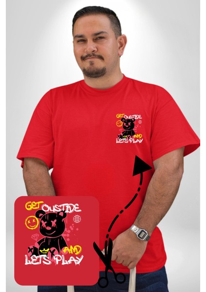 Dışarı Çık Ve Oynayalım Teddy Kırmızı Büyük Beden Kadın Basic Minimal Baskılı Tişört