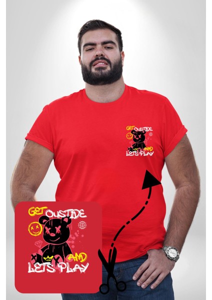Dışarı Çık Ve Oynayalım Teddy Kırmızı Büyük Beden Kadın Basic Minimal Baskılı Tişört modelleri