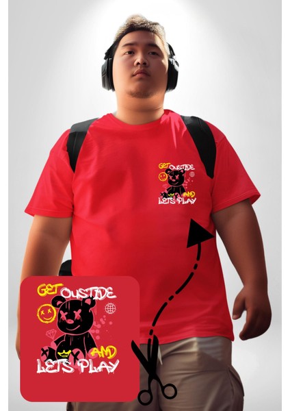 Dışarı Çık Ve Oynayalım Teddy Kırmızı Büyük Beden Kadın Basic Minimal Baskılı Tişört fırsatları