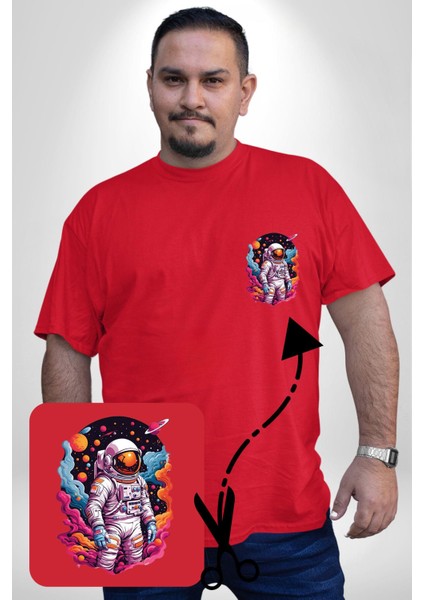 Ay Mars Astronot Kırmızı Büyük Beden Kadın Basic Minimal Baskılı Tişört