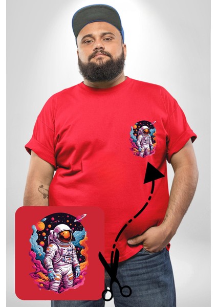 Ay Mars Astronot Kırmızı Büyük Beden Kadın Basic Minimal Baskılı Tişört modelleri