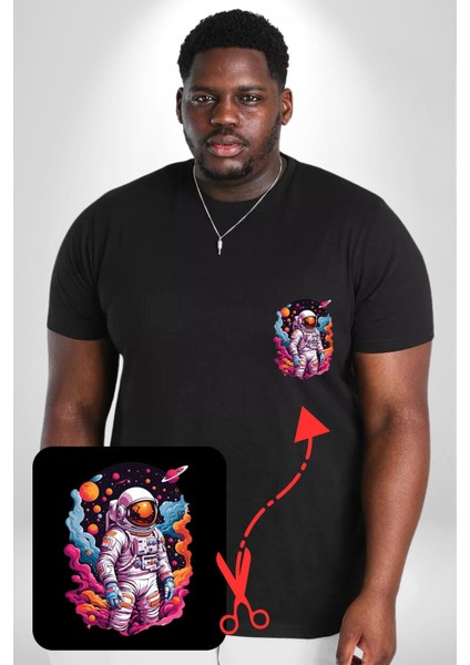 Ay Mars Astronot Siyah Büyük Beden Kadın Basic Minimal Baskılı Tişört fiyatları
