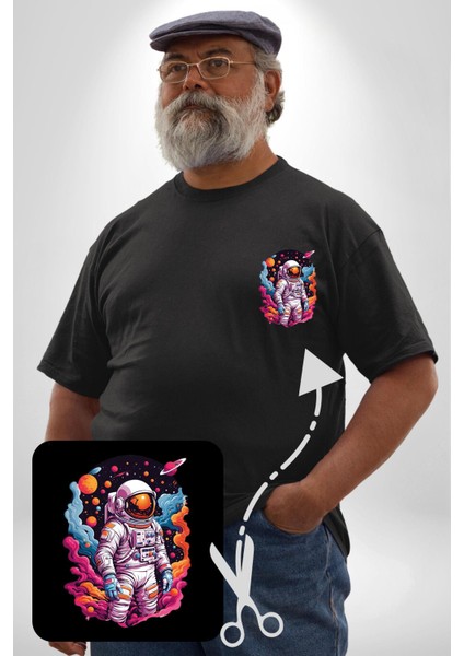 Ay Mars Astronot Siyah Büyük Beden Kadın Basic Minimal Baskılı Tişört modelleri