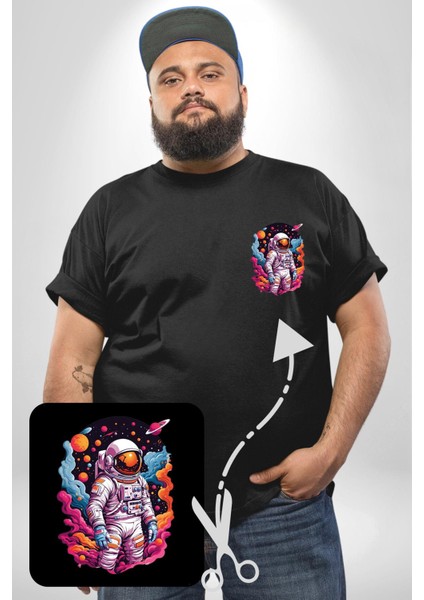 Ay Mars Astronot Siyah Büyük Beden Kadın Basic Minimal Baskılı Tişört fırsatları