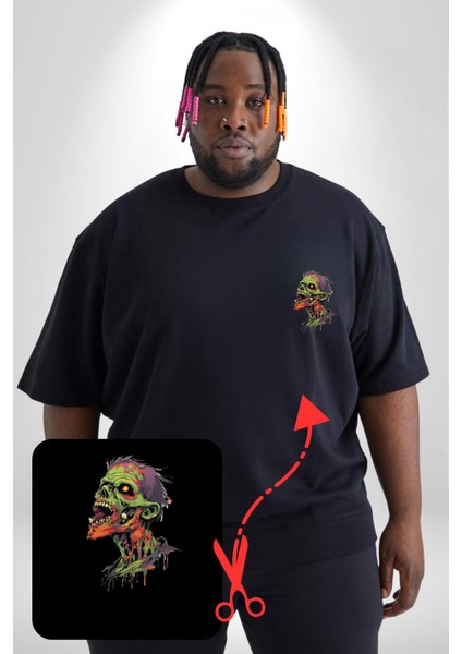 Zombi Kafası Siyah Büyük Beden Kadın Basic Minimal Baskılı Tişört