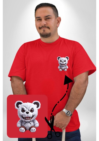 Freddy Korkunç Ayı Kırmızı Büyük Beden Kadın Basic Minimal Baskılı Tişört