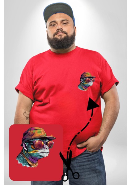 Gözlük Şapka Mukalemun Kırmızı Büyük Beden Kadın Basic Minimal Baskılı Tişört