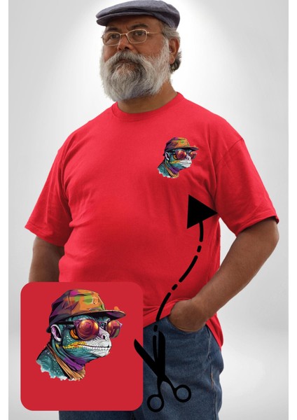 Gözlük Şapka Mukalemun Kırmızı Büyük Beden Kadın Basic Minimal Baskılı Tişört modelleri