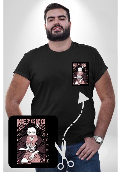 Nezuko Demon Slayer Siyah Büyük Beden Kadın Basic Minimal Baskılı Tişört